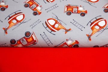 Stoffpaket Jersey + Bündchen Jersey mit Feuerwehr und Helikopter, grau, rot